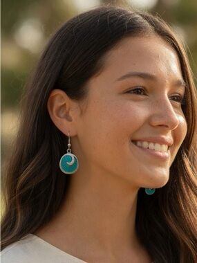 Teal Enamel Swirl Wave Earrings Bohemian Artesian Summer Pool Beach Concern Vibe